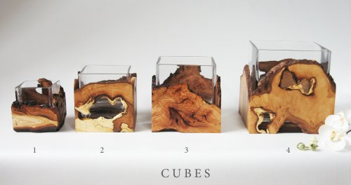 Maple and cherry burl and glass vases