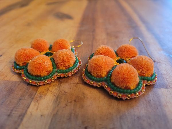 Orange tufted floral earrings