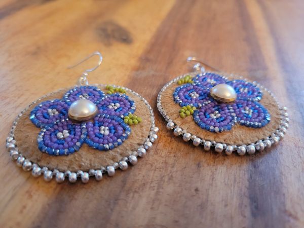 Purple beaded floral earrings