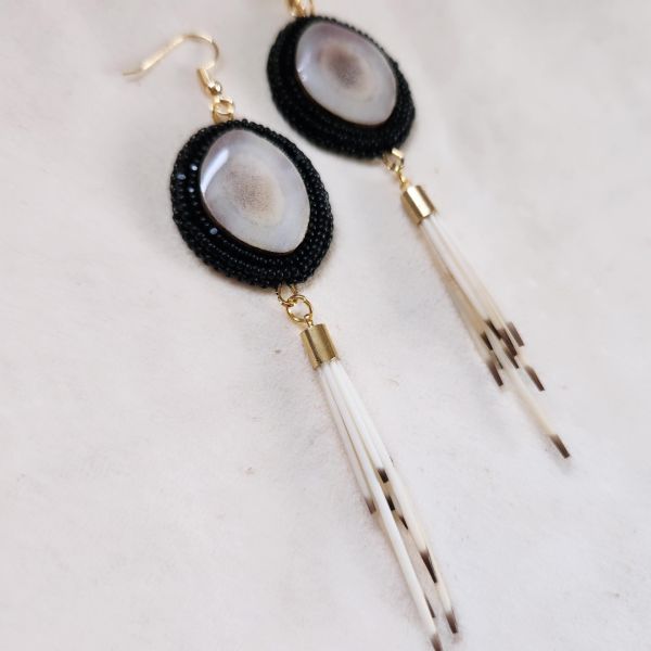 beaded caribou antler earrings with porcupine dangles