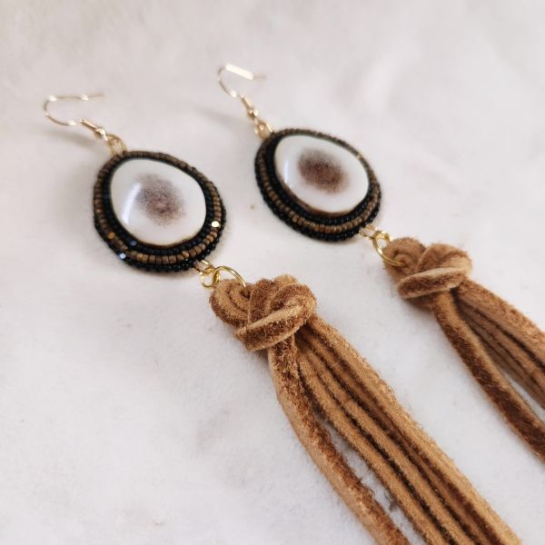 antler earrings with moosehide fringe