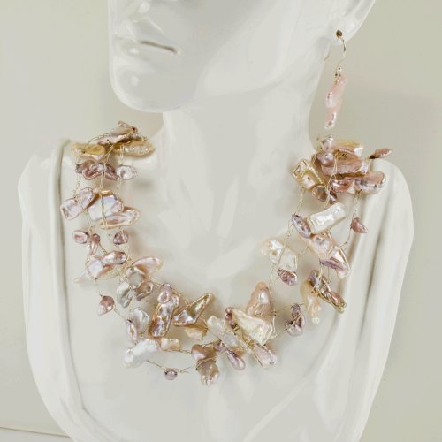 Biwa Cream Cultured Pearls wire woven necklace <br>