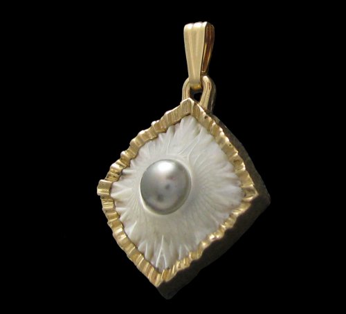 14K gold, mother of pearl, and grey pearl