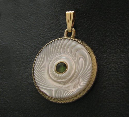 14K gold, mother of pearl and green tourmaline