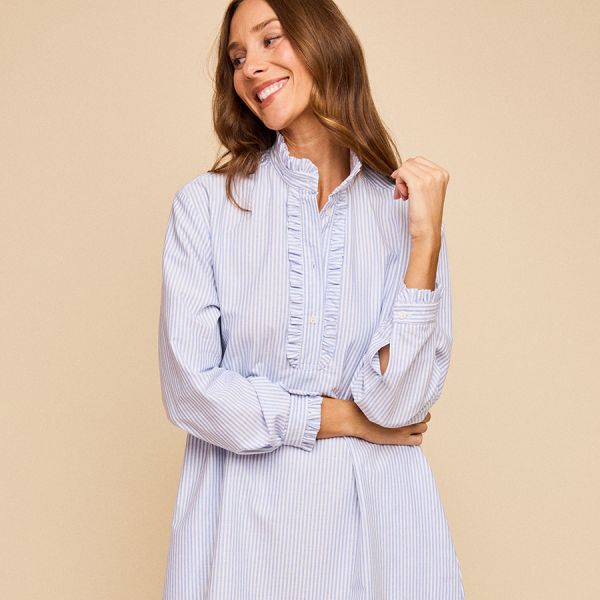 Long Ruffle Sleep Shirt Blue Oxford Stripe